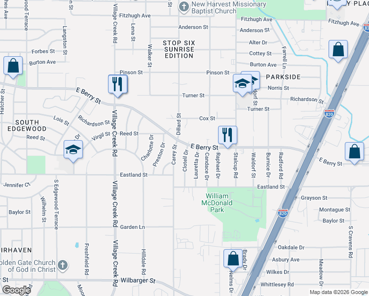 map of restaurants, bars, coffee shops, grocery stores, and more near 5221 East Berry Street in Fort Worth