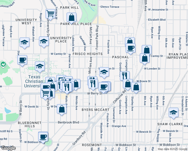 map of restaurants, bars, coffee shops, grocery stores, and more near 2921 McCart Avenue in Fort Worth
