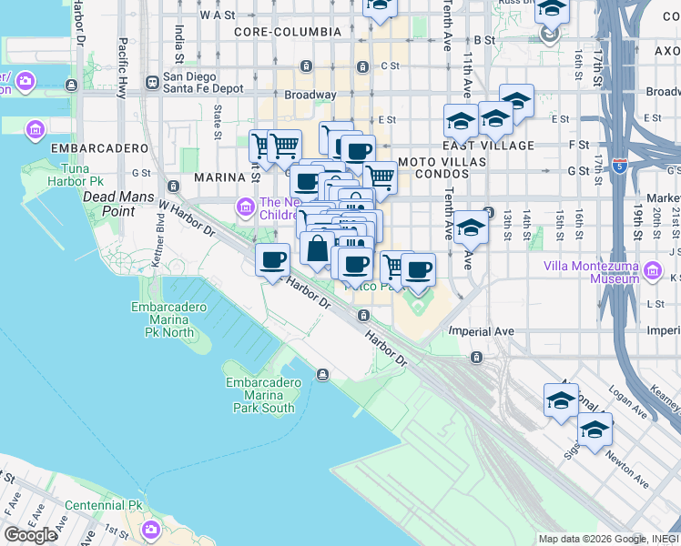 map of restaurants, bars, coffee shops, grocery stores, and more near 311 Fourth Avenue in San Diego