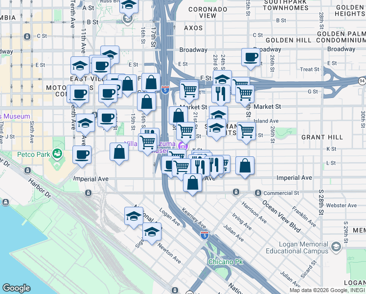map of restaurants, bars, coffee shops, grocery stores, and more near 331 20th Street in San Diego