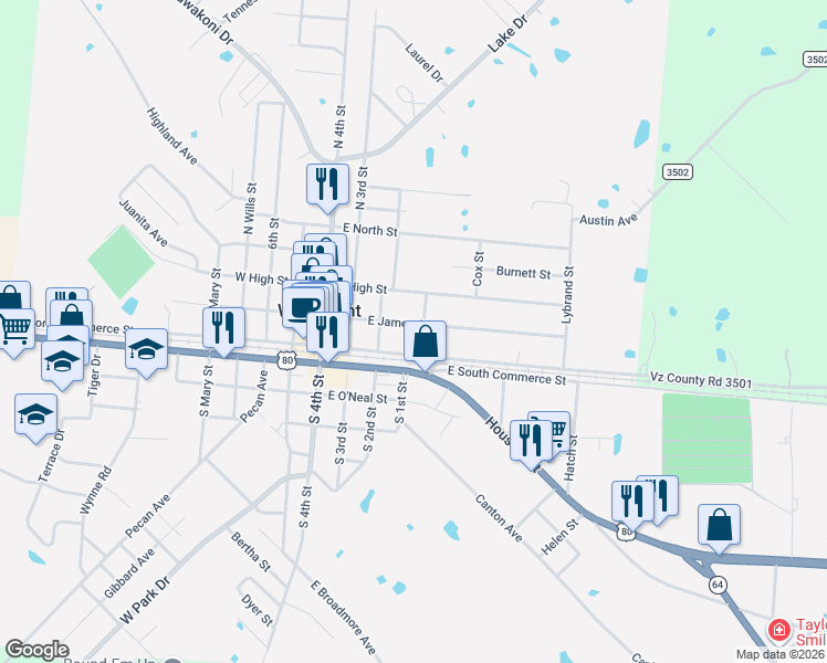 map of restaurants, bars, coffee shops, grocery stores, and more near 343 East James Street in Wills Point
