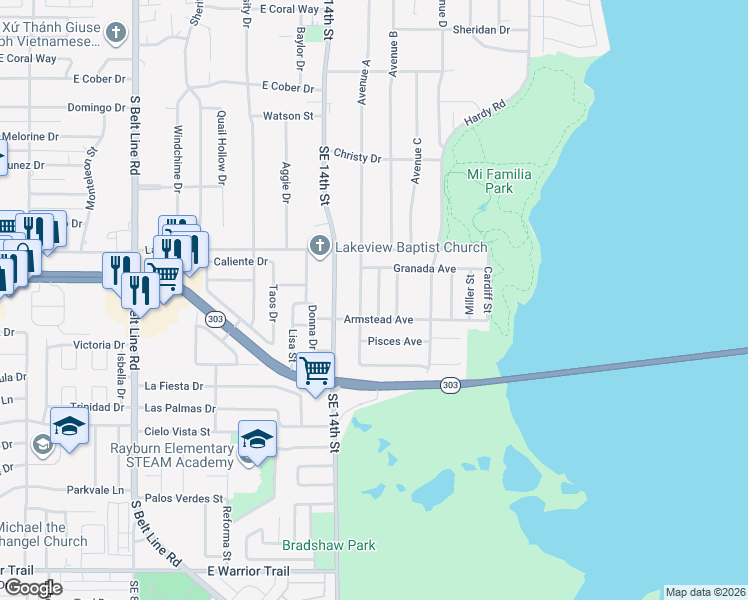 map of restaurants, bars, coffee shops, grocery stores, and more near 2437 Grant Street in Grand Prairie