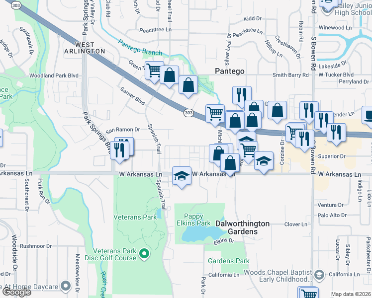 map of restaurants, bars, coffee shops, grocery stores, and more near 2203 Chase Court in Dalworthington Gardens
