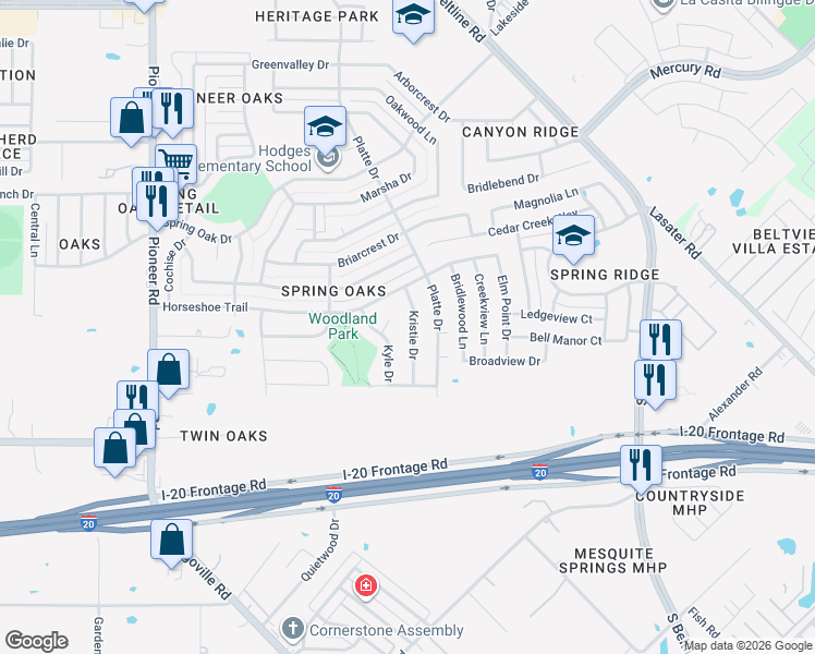 map of restaurants, bars, coffee shops, grocery stores, and more near 4705 Kristie Drive in Balch Springs