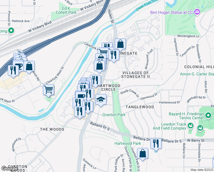 map of restaurants, bars, coffee shops, grocery stores, and more near 4302 Hartwood Circle in Fort Worth