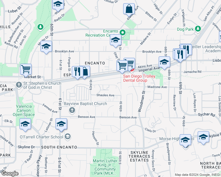 map of restaurants, bars, coffee shops, grocery stores, and more near 6395 Madrone Avenue in San Diego
