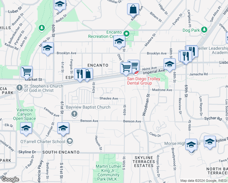 map of restaurants, bars, coffee shops, grocery stores, and more near 6407 Madrone Avenue in San Diego