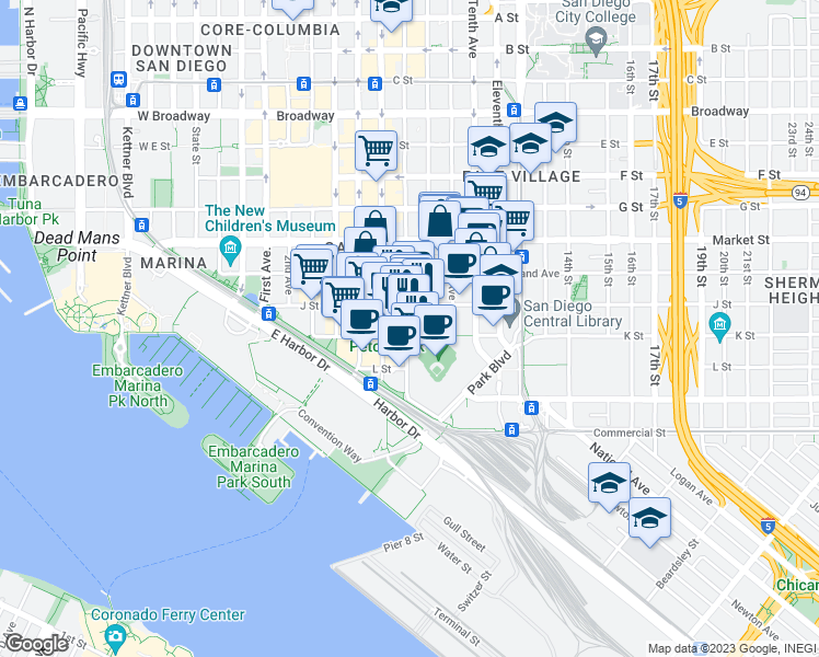 map of restaurants, bars, coffee shops, grocery stores, and more near 787 J Street in San Diego