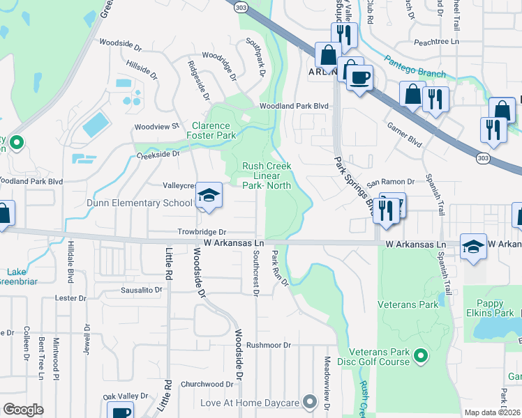 map of restaurants, bars, coffee shops, grocery stores, and more near 4195 West Arkansas Lane in Arlington