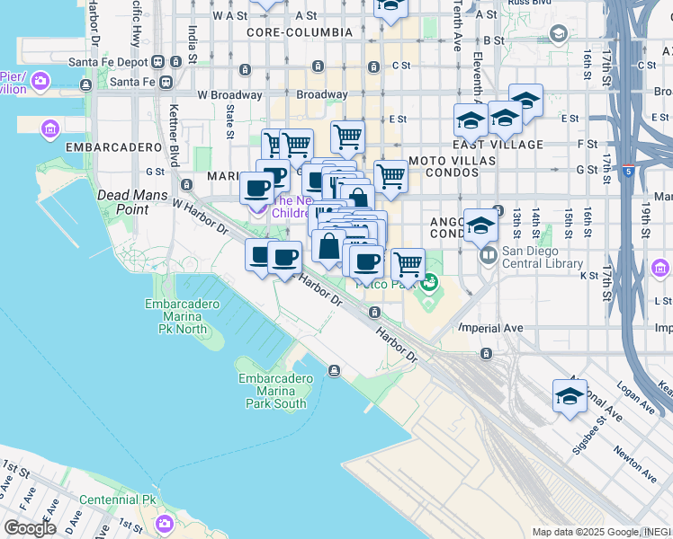 map of restaurants, bars, coffee shops, grocery stores, and more near 413 Third Avenue in San Diego