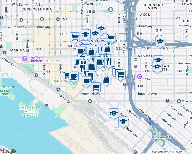 map of restaurants, bars, coffee shops, grocery stores, and more near 330 13th Street in San Diego