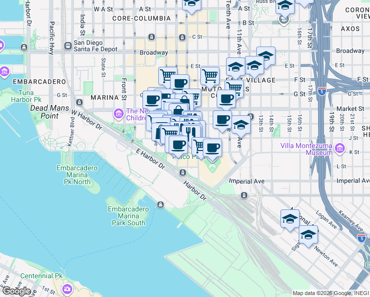 map of restaurants, bars, coffee shops, grocery stores, and more near in San Diego