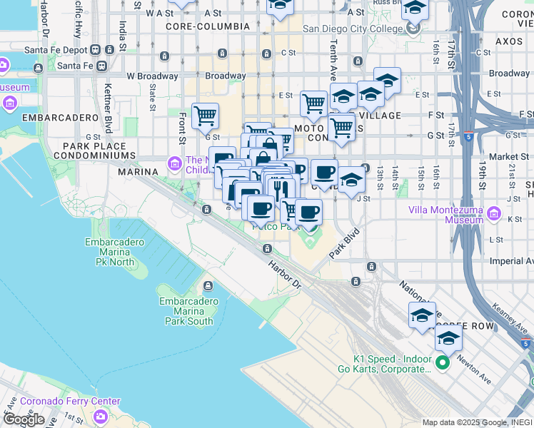 map of restaurants, bars, coffee shops, grocery stores, and more near 355 Sixth Avenue in San Diego