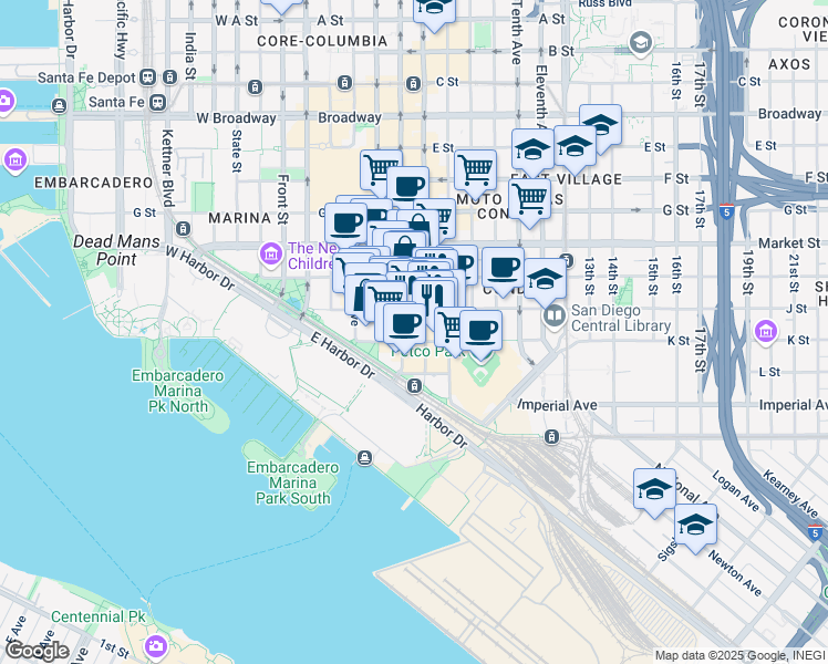 map of restaurants, bars, coffee shops, grocery stores, and more near in San Diego