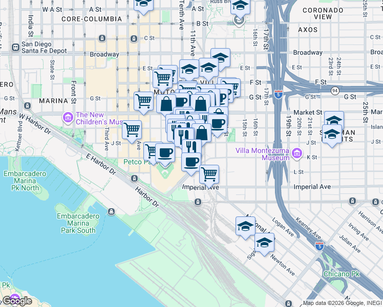 map of restaurants, bars, coffee shops, grocery stores, and more near 302 11th Avenue in San Diego