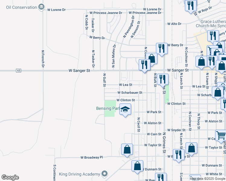 map of restaurants, bars, coffee shops, grocery stores, and more near 1401 West Lea Street in Hobbs