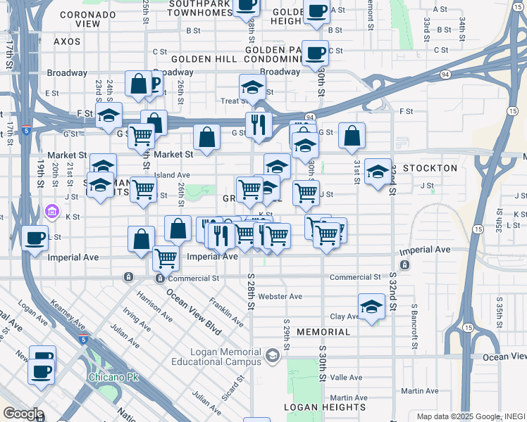 map of restaurants, bars, coffee shops, grocery stores, and more near in San Diego