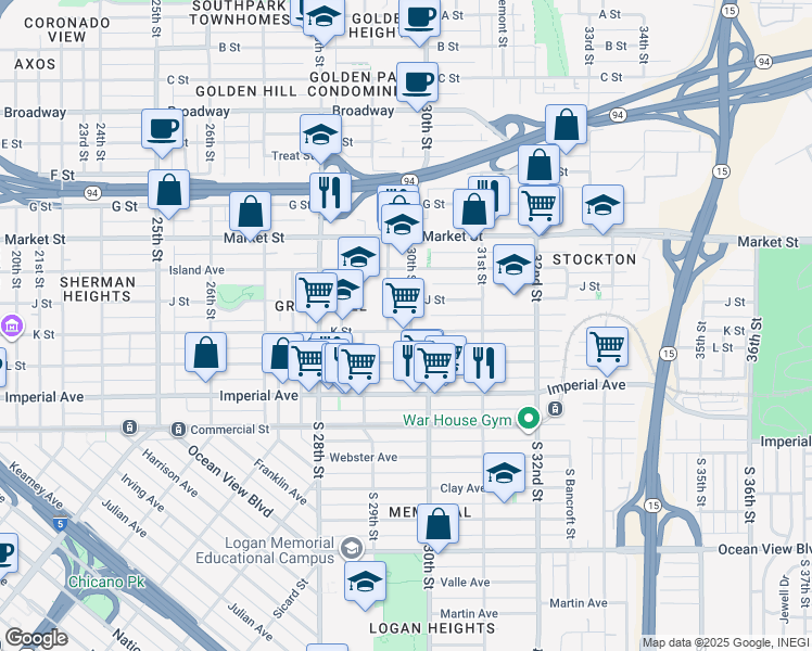 map of restaurants, bars, coffee shops, grocery stores, and more near 2980 K Street in San Diego