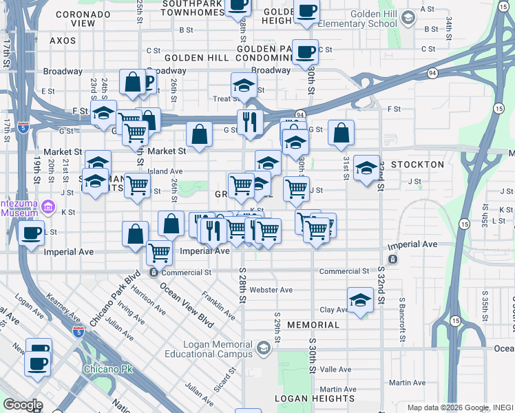 map of restaurants, bars, coffee shops, grocery stores, and more near in San Diego