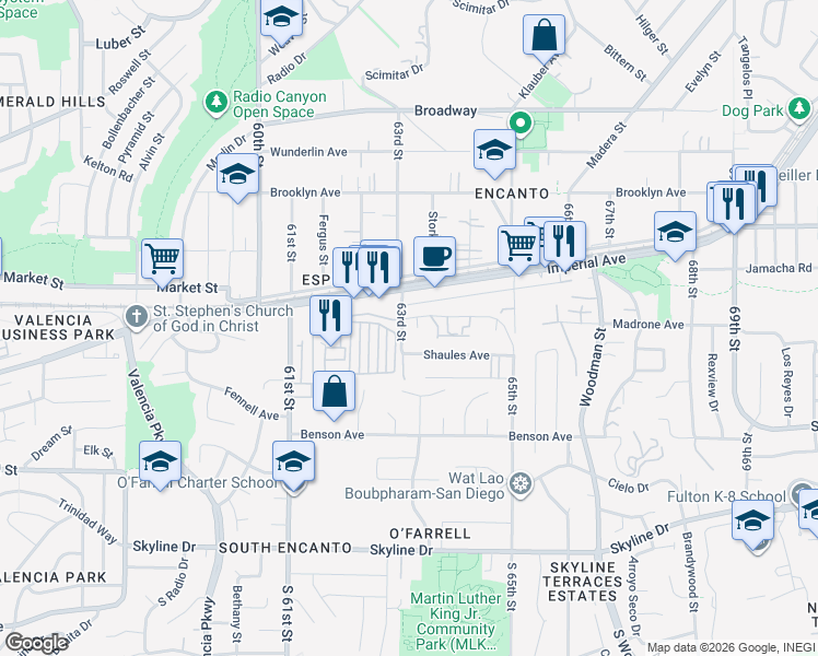 map of restaurants, bars, coffee shops, grocery stores, and more near 6329 Madrone Avenue in San Diego