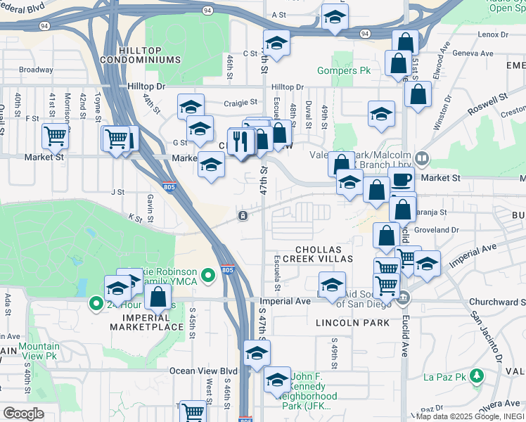 map of restaurants, bars, coffee shops, grocery stores, and more near 423 Aurora Street in San Diego