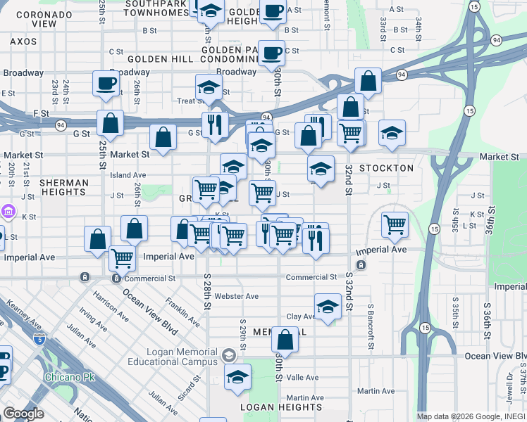map of restaurants, bars, coffee shops, grocery stores, and more near 320 30th Street in San Diego