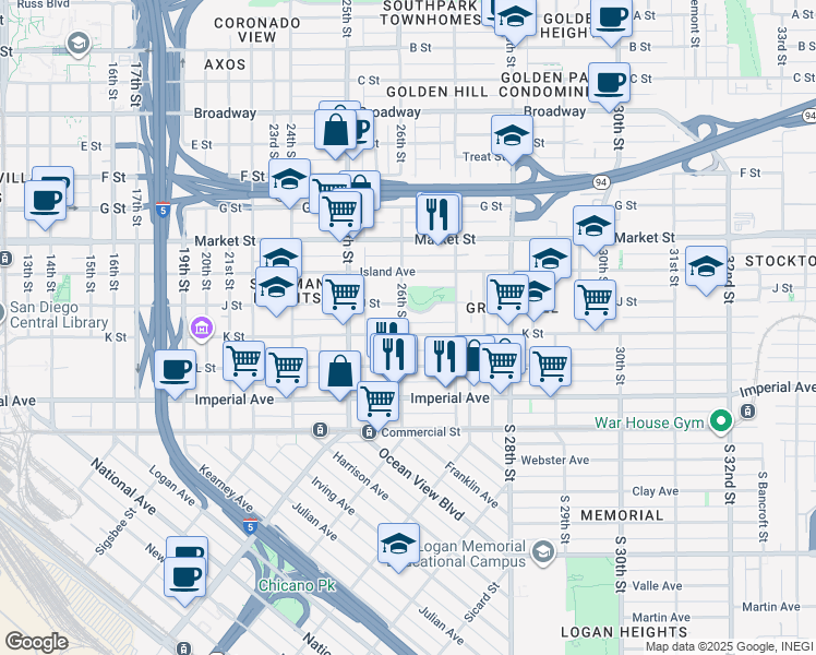 map of restaurants, bars, coffee shops, grocery stores, and more near 321 26th Street in San Diego