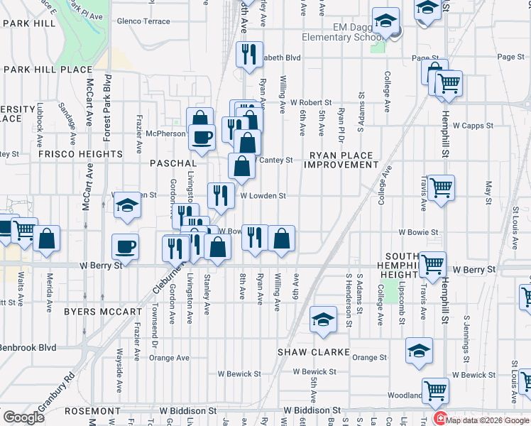 map of restaurants, bars, coffee shops, grocery stores, and more near 2915 Ryan Avenue in Fort Worth