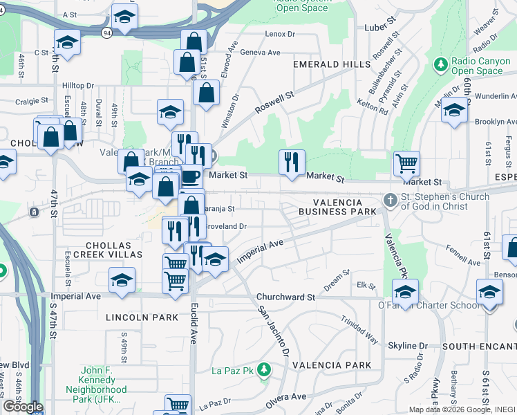 map of restaurants, bars, coffee shops, grocery stores, and more near Creekside Circle in San Diego