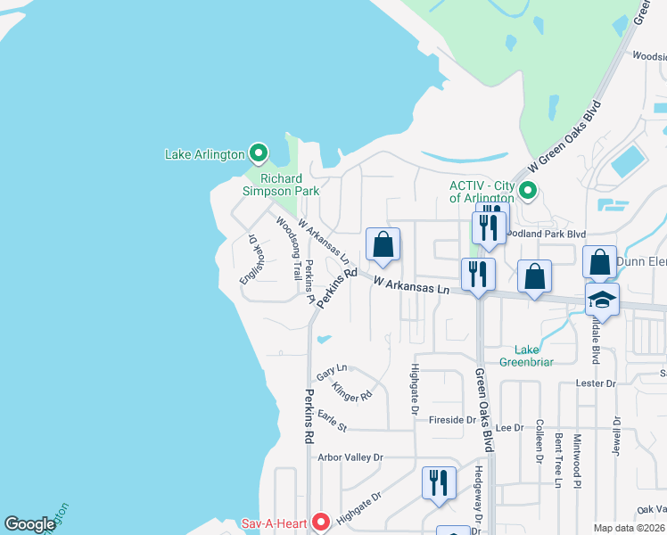 map of restaurants, bars, coffee shops, grocery stores, and more near 2307 Perkins Place in Arlington