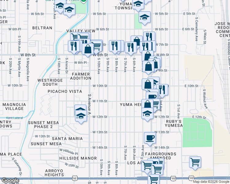 map of restaurants, bars, coffee shops, grocery stores, and more near 1006 South 8th Avenue in Yuma