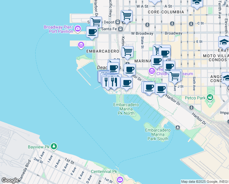 map of restaurants, bars, coffee shops, grocery stores, and more near 865 West Harbor Drive in San Diego