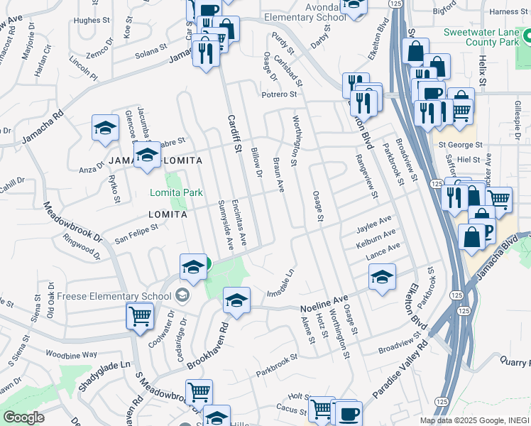 map of restaurants, bars, coffee shops, grocery stores, and more near 412 Billow Drive in San Diego