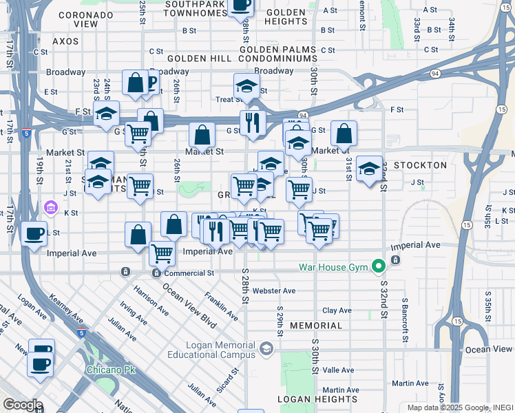 map of restaurants, bars, coffee shops, grocery stores, and more near 2526-34 K Street in San Diego