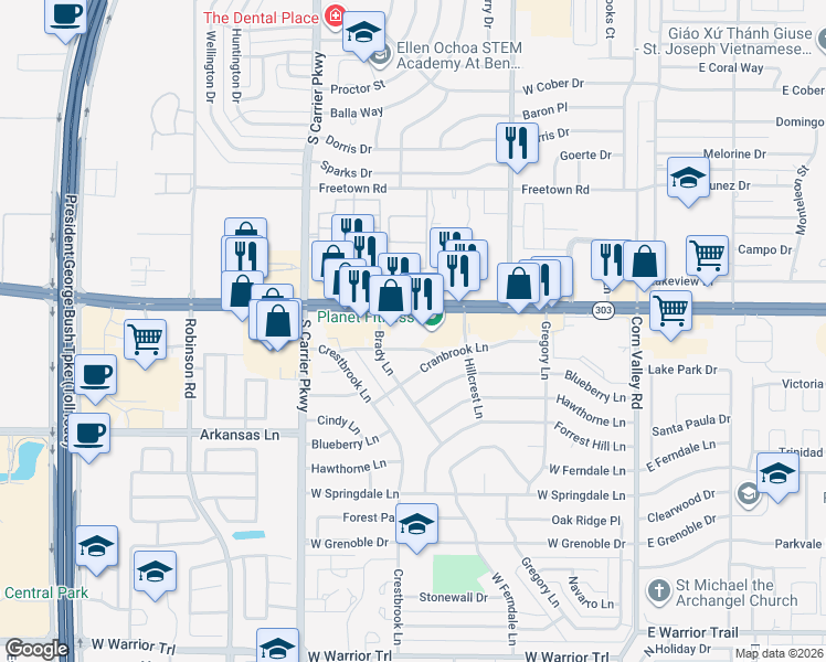 map of restaurants, bars, coffee shops, grocery stores, and more near 533 Texas 303 Spur in Grand Prairie