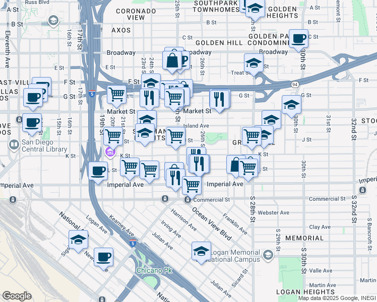 map of restaurants, bars, coffee shops, grocery stores, and more near 2526-34 K Street in San Diego