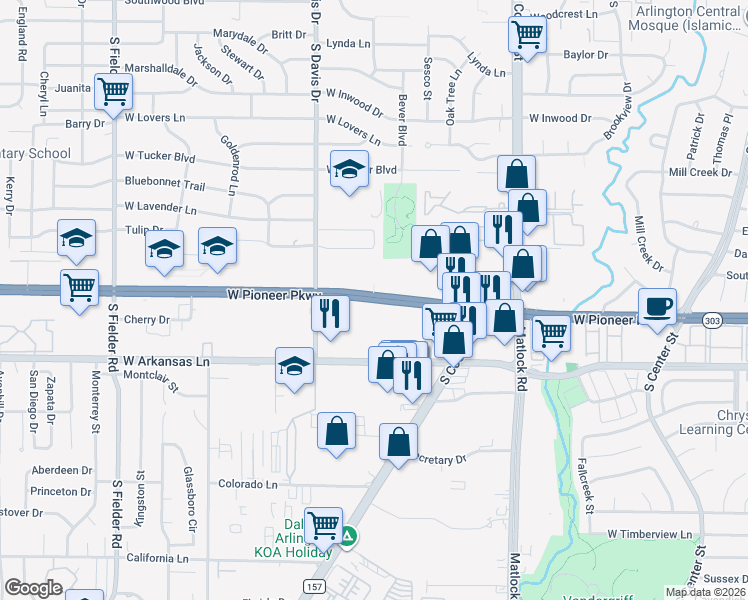 map of restaurants, bars, coffee shops, grocery stores, and more near 1102 West Pioneer Parkway in Arlington