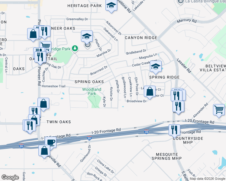 map of restaurants, bars, coffee shops, grocery stores, and more near 4700 Kristie Drive in Balch Springs