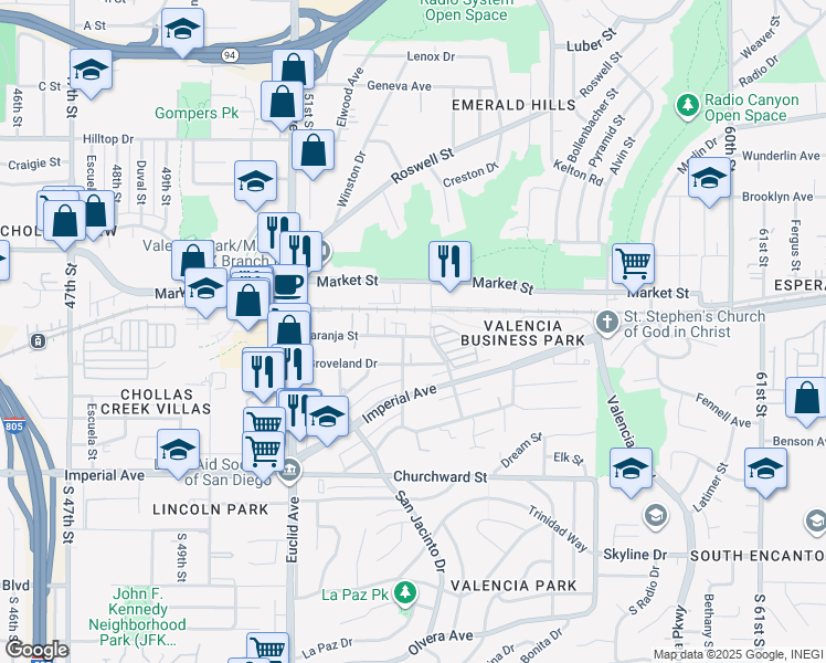 map of restaurants, bars, coffee shops, grocery stores, and more near 5318 Naranja Street in San Diego