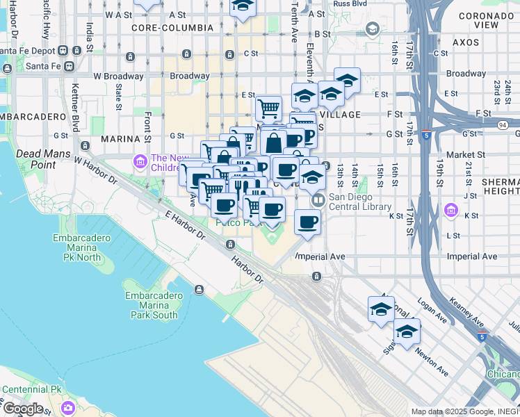 map of restaurants, bars, coffee shops, grocery stores, and more near in San Diego