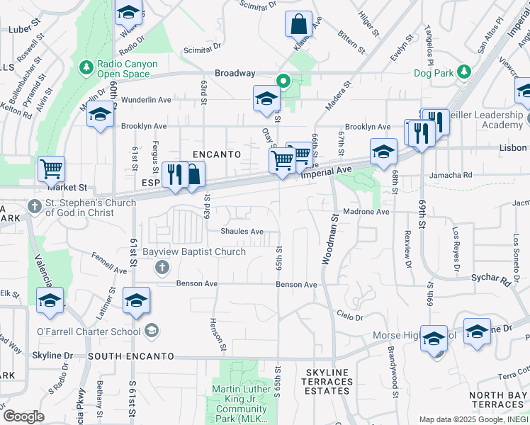 map of restaurants, bars, coffee shops, grocery stores, and more near 6431-37 Madrone Avenue in San Diego