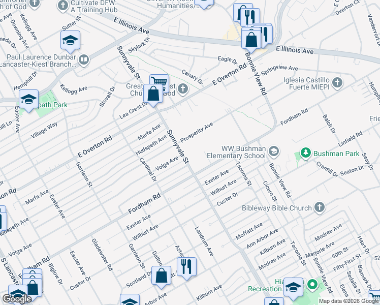 map of restaurants, bars, coffee shops, grocery stores, and more near 3824 Sunnyvale Street in Dallas