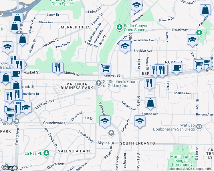map of restaurants, bars, coffee shops, grocery stores, and more near 5889 Imperial Avenue in San Diego