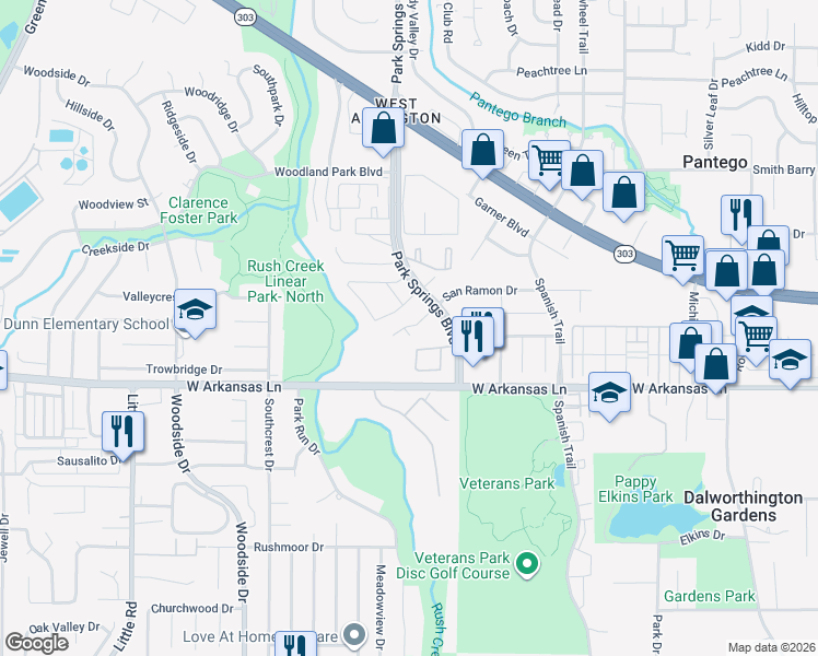 map of restaurants, bars, coffee shops, grocery stores, and more near 4019 Park Square Drive in Arlington