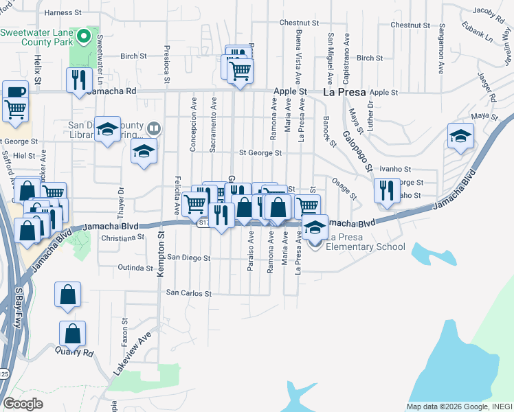 map of restaurants, bars, coffee shops, grocery stores, and more near 636 Ramona Avenue in Spring Valley