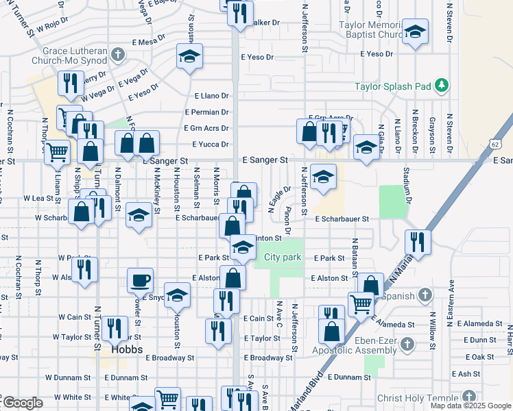 map of restaurants, bars, coffee shops, grocery stores, and more near 812 North Dal Paso Street in Hobbs