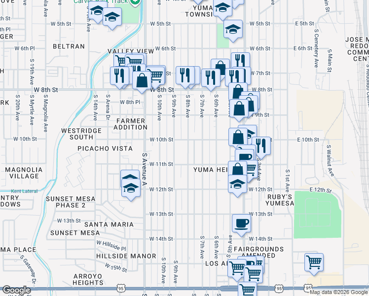 map of restaurants, bars, coffee shops, grocery stores, and more near 1006 South 8th Avenue in Yuma