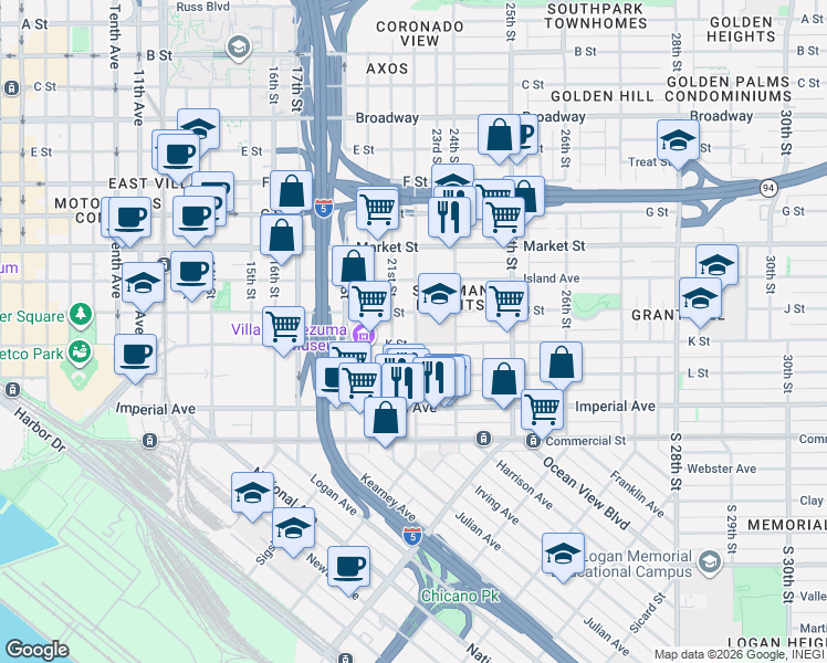 map of restaurants, bars, coffee shops, grocery stores, and more near 334 22nd Street in San Diego