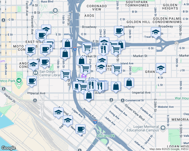 map of restaurants, bars, coffee shops, grocery stores, and more near 334 22nd Street in San Diego
