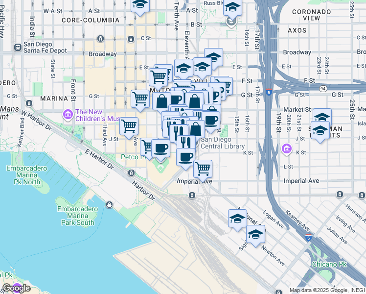 map of restaurants, bars, coffee shops, grocery stores, and more near 330 Park Boulevard in San Diego